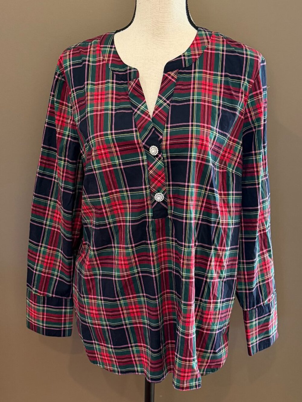 Talbots Tunic Colorful Tartan Plaid Cotton Rhinestone Buttons Party, Size XL Pet